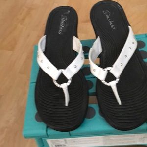 White shiny wedge sandals